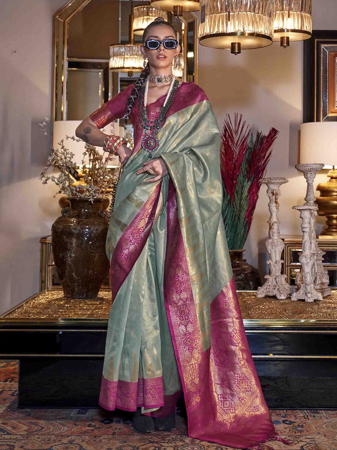 

Blissta Ethnic Motifs Zari Tissue Saree, Green