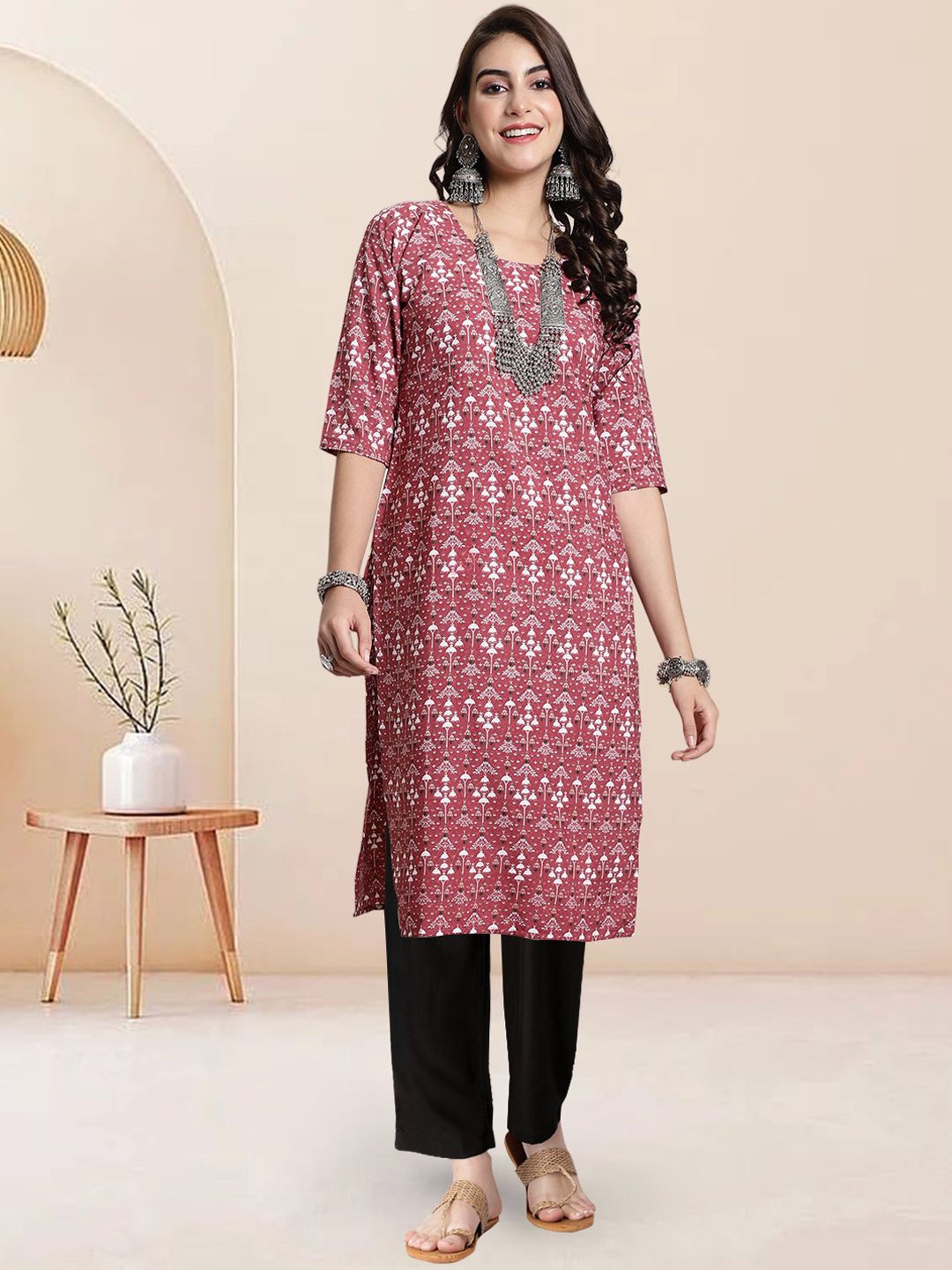 

Moda Rapido Ethnic Motifs Printed Round Neck Straight Kurta With Trousers, Peach