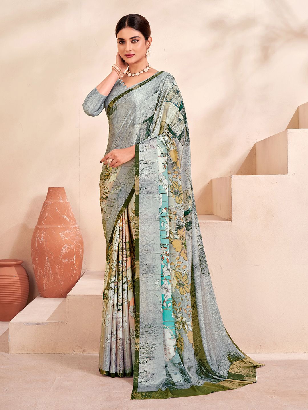 

Krimmple Floral Printed Mysore Silk Saree, Grey