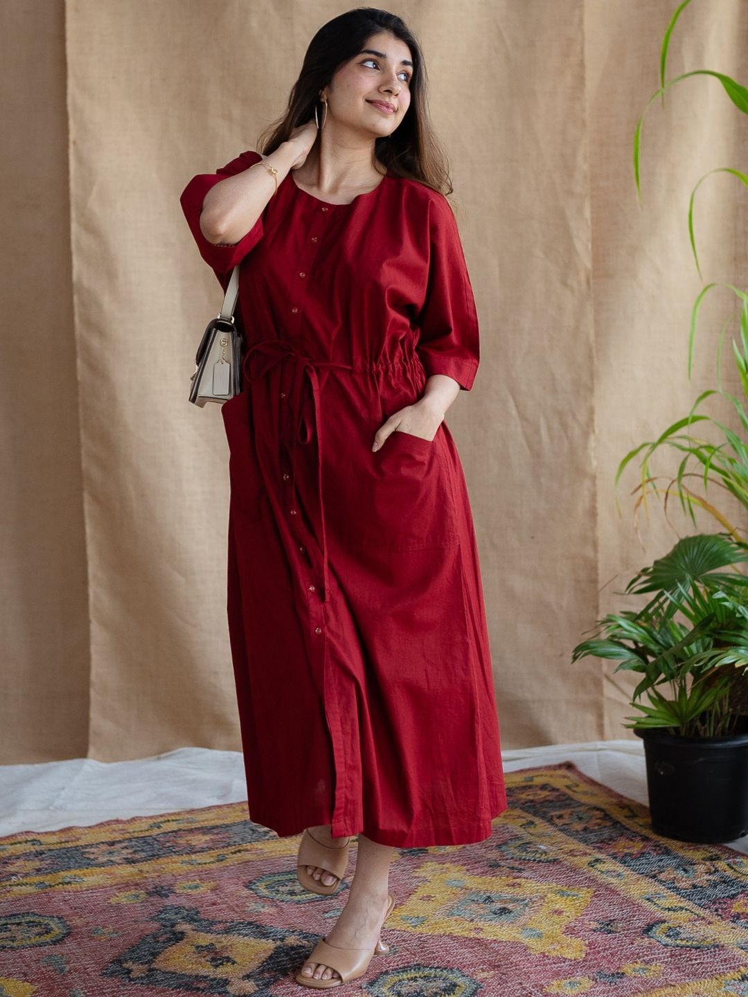

THE INDIAN ETHNIC CO A-Line Midi Dress, Maroon