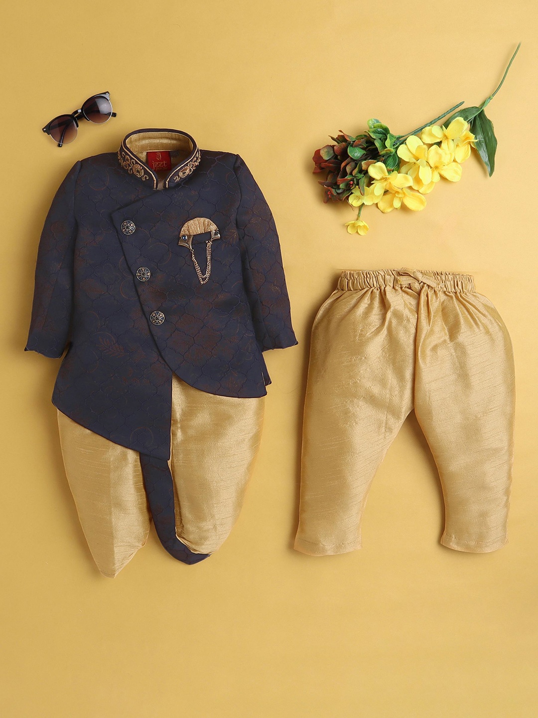 

Jeetethnics Boys Floral Printed Regular Kurta with Dhoti Pants, Navy blue