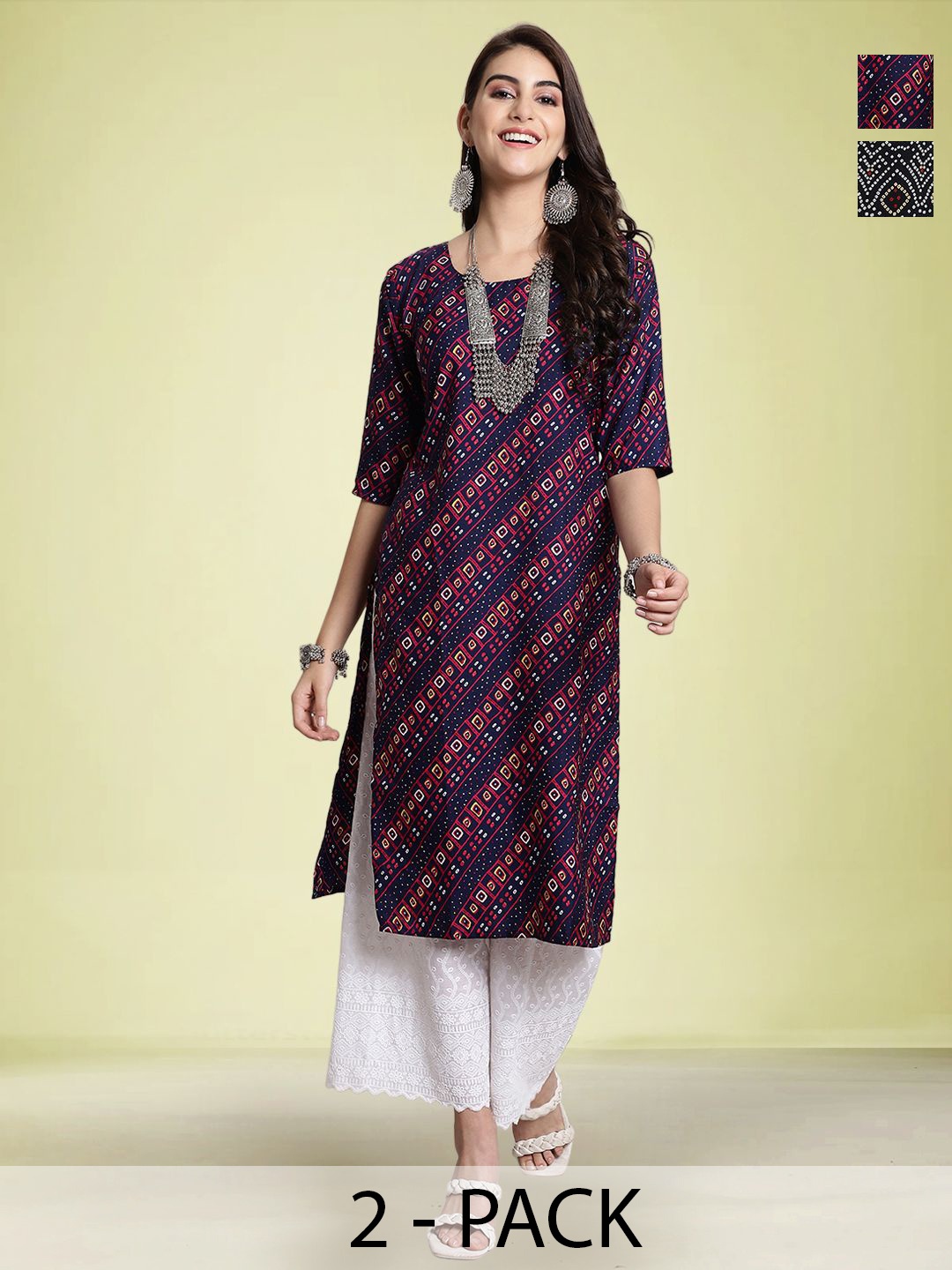 

Moda Rapido Selection Of 2 Geometric Printed Round Neck Straight Kurtas, Blue