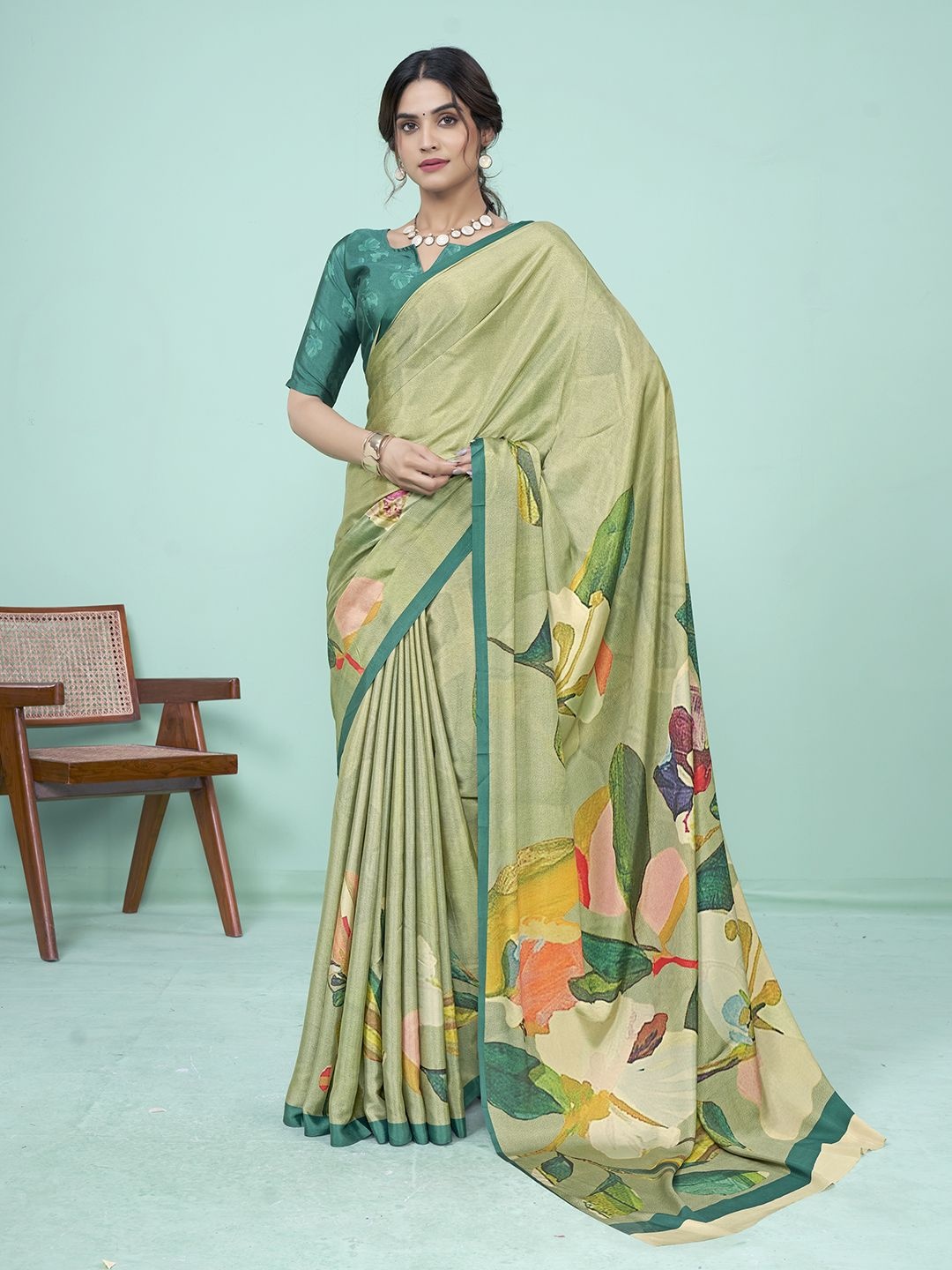 

Krimmple Floral Printed Mysore Silk Saree, Green