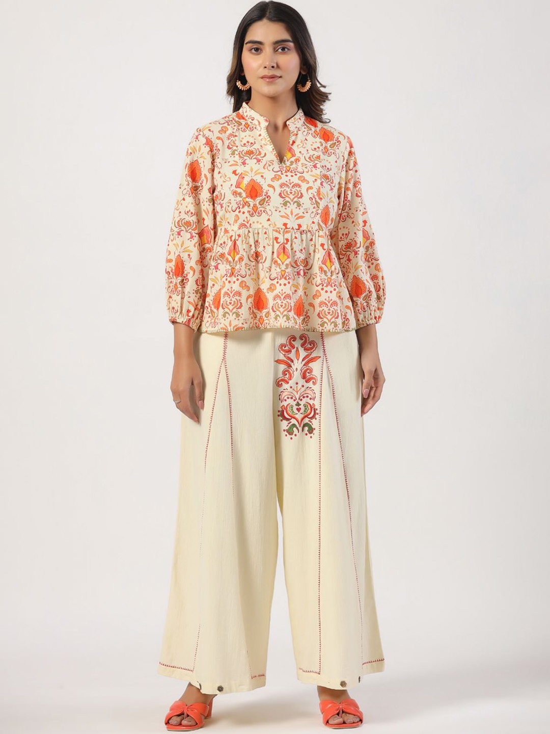 

STIL O STITCH Ethnic Motifs Printed Mandarin Collar Top And Palazzos, White