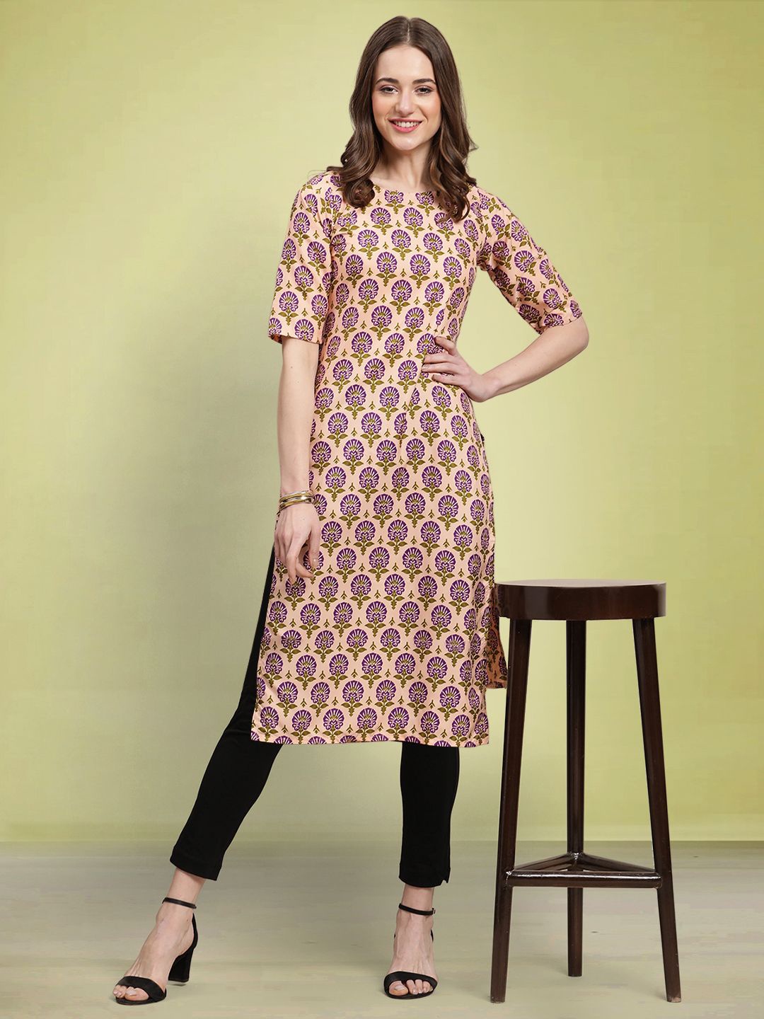 

Moda Rapido Women Ethnic Motifs Printed Straight Kurta, Beige