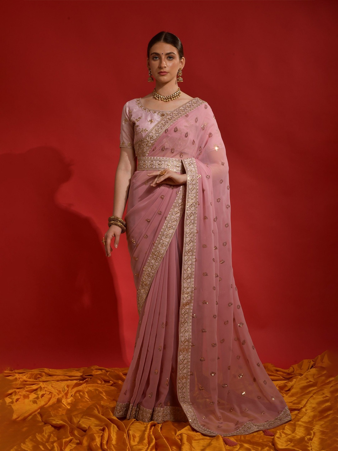 

LeeliPeeri Designer Floral Embroidered Pure Georgette Saree, Pink