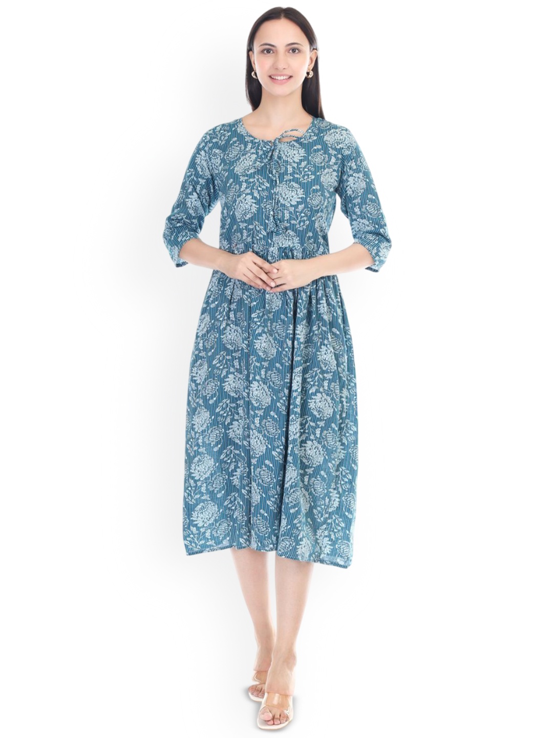 

Pearl N Vera Floral Printed Keyhole Neck Fit & Flare Midi Dress, Navy blue