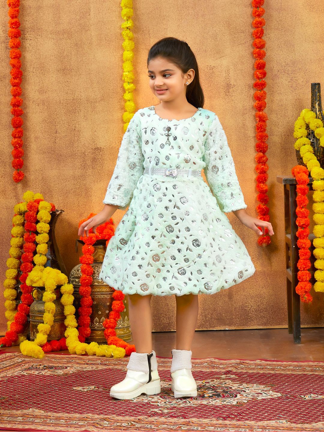

HERE&NOW Girls Self Design A-Line Knee Length Dress, Sea green