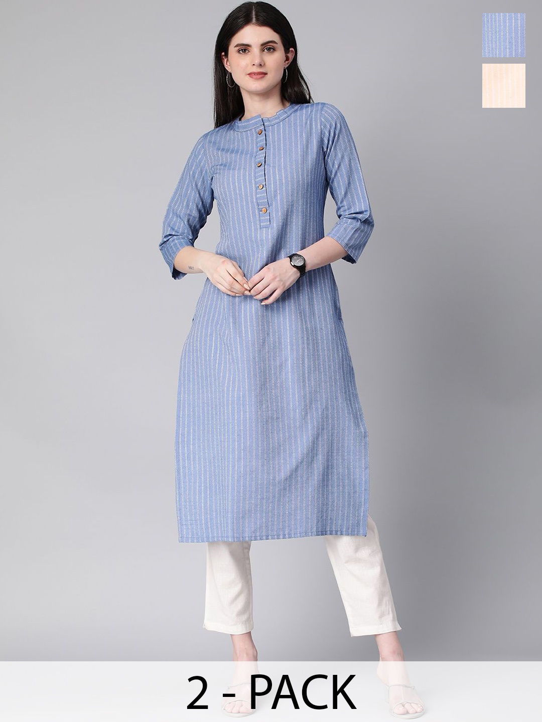 

KALINI Selection Of 2 Striped Round Neck Straight Kurtas, Blue