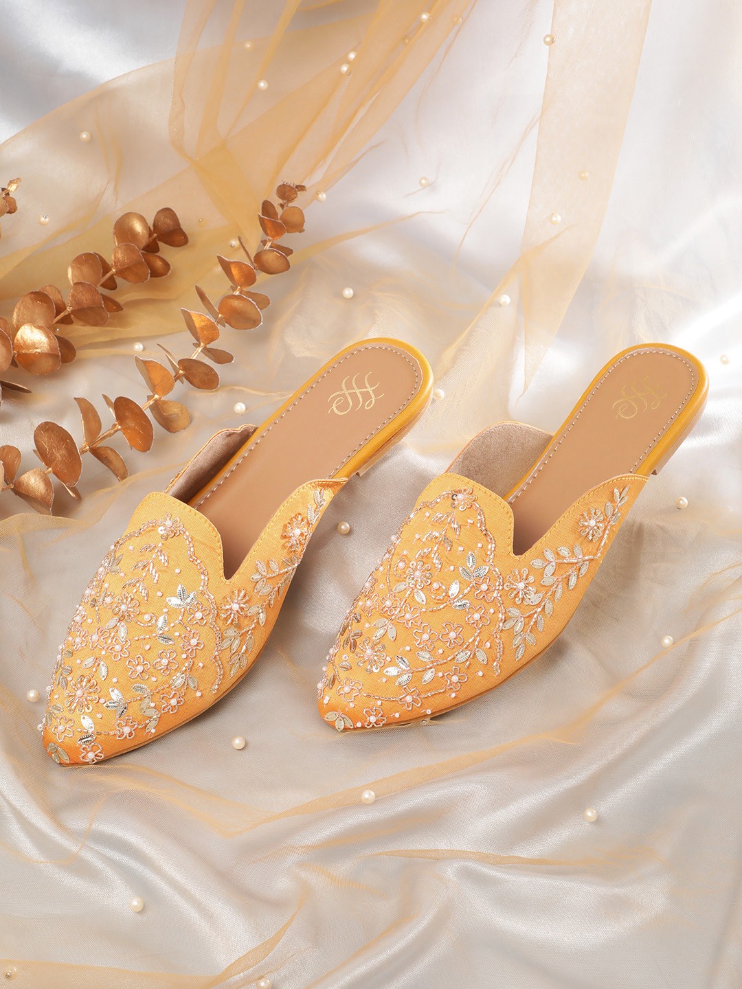 

House of Pataudi Women Ethnic Embellished Mules, Orange