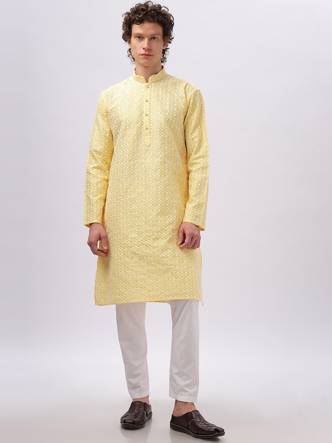 

Anouk Yellow Woven Design Embroidered Mandarin Collar Cotton Straight Kurta
