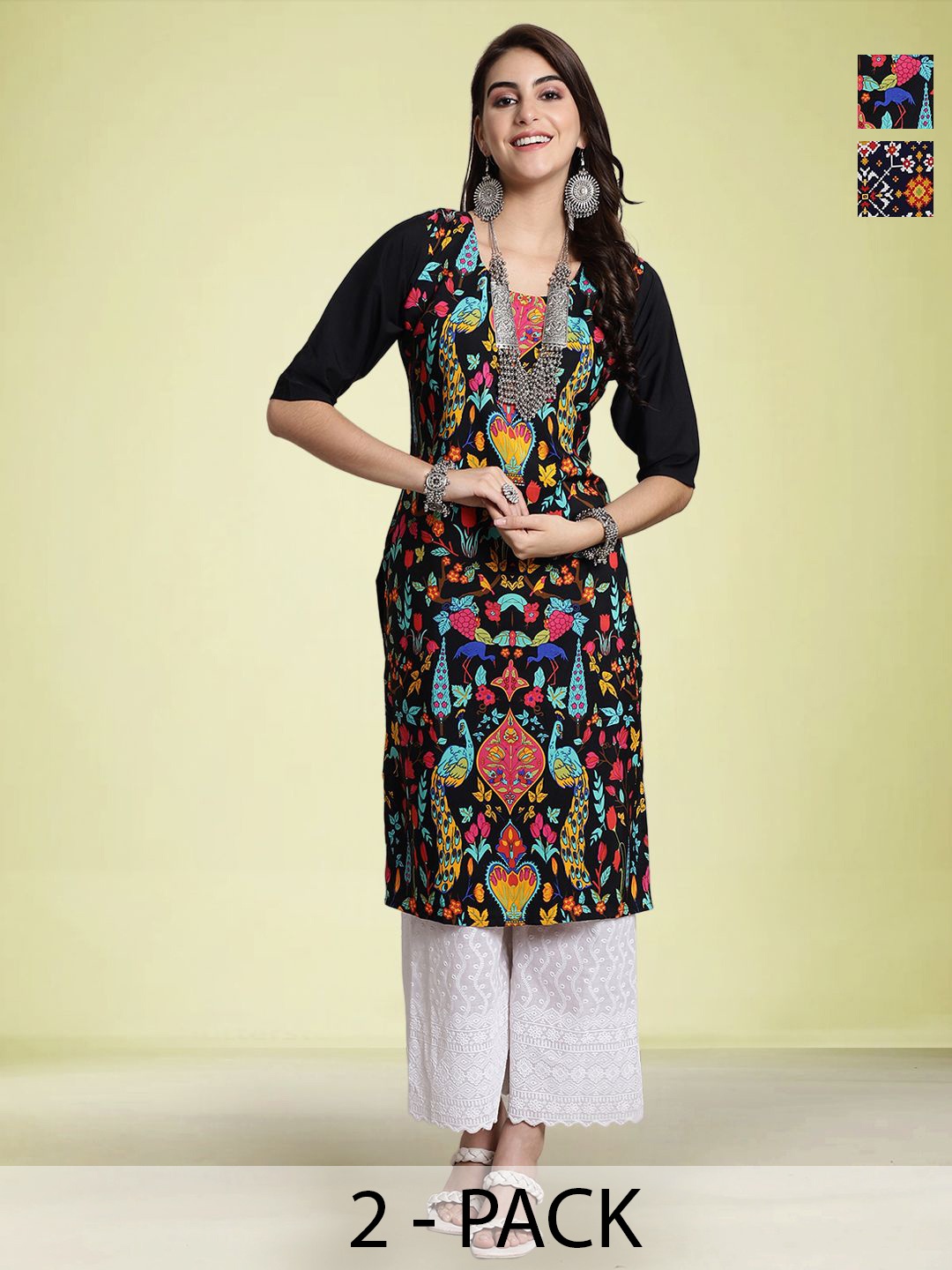 

Moda Rapido Selection Of 2 Ethnic Motifs Printed Round Neck Straight Kurta, Black