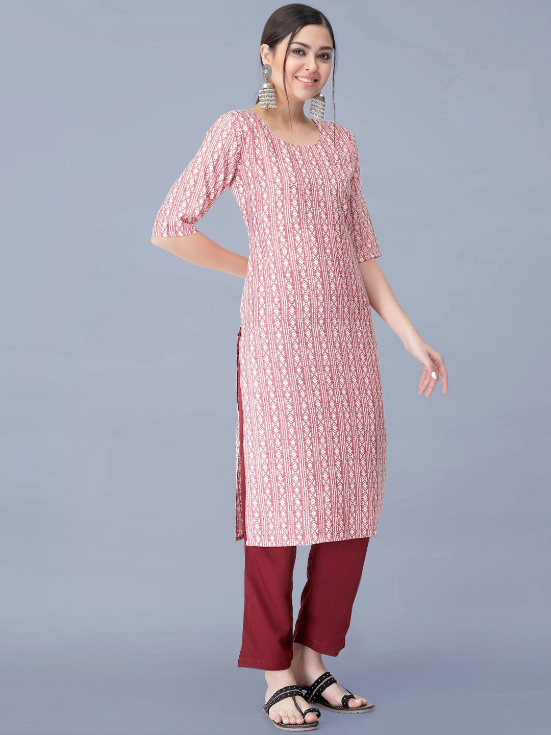 

Moda Rapido Ethnic Motifs Printed Round Neck Straight Kurta With Trousers, Peach