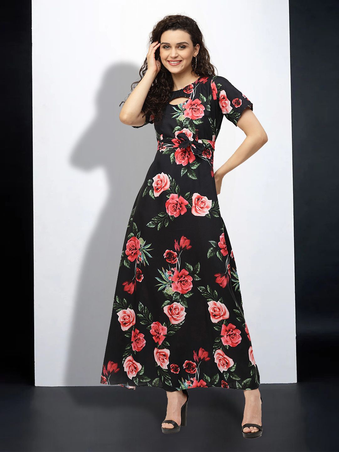 

MISS AYSE Floral Print Keyhole Neck Applique Fit & Flare Dress, Black
