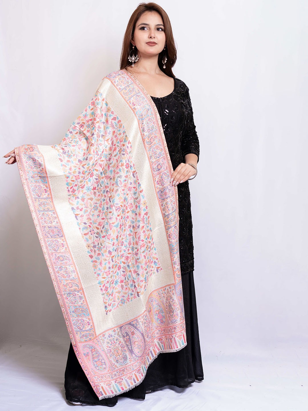 

PASHGIRI Ethnic Motifs Woven Design Shawl, White