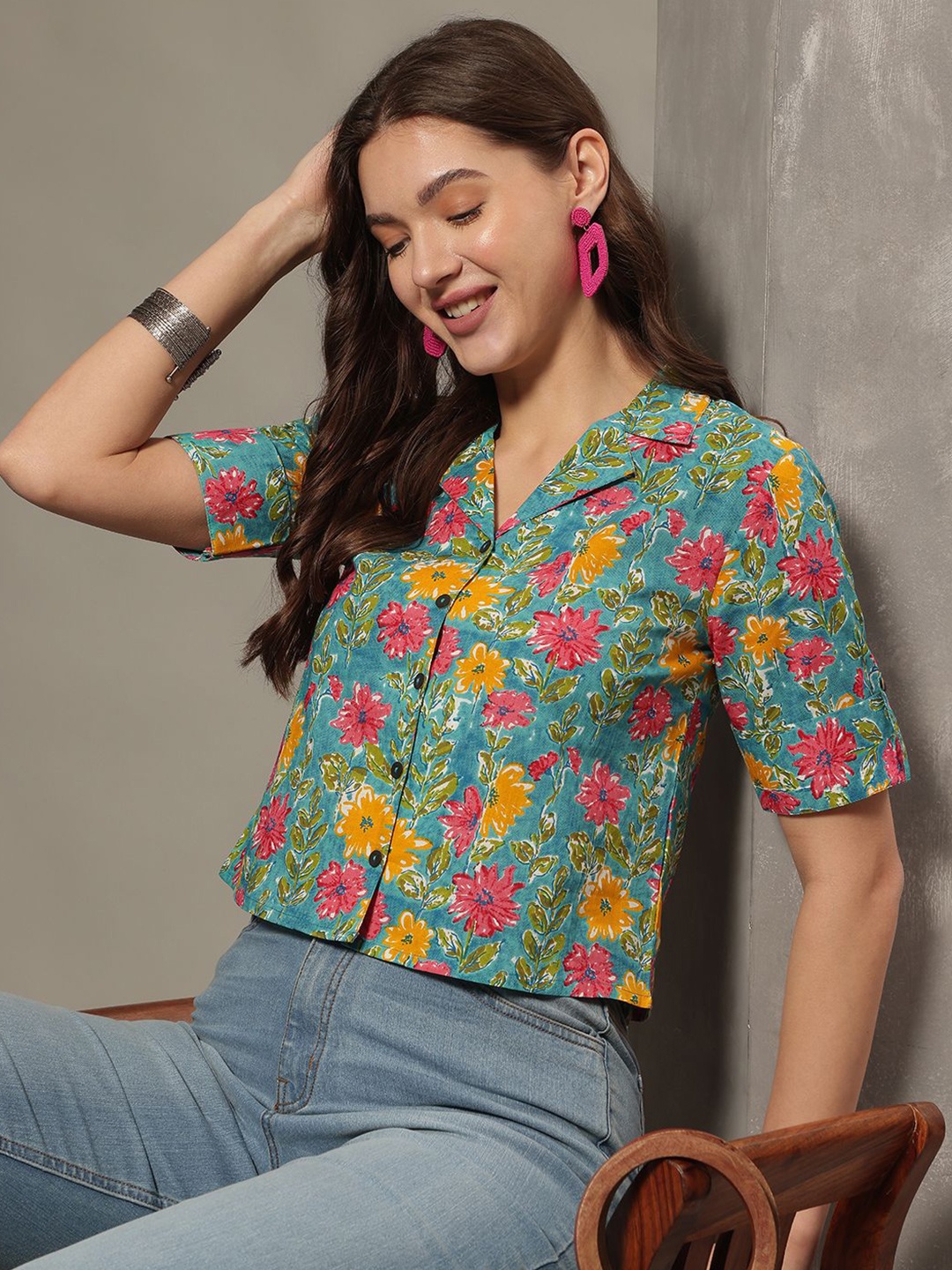 

KALINI Floral Print Roll-Up Sleeves Cotton Shirt Style Crop Top, Sea green