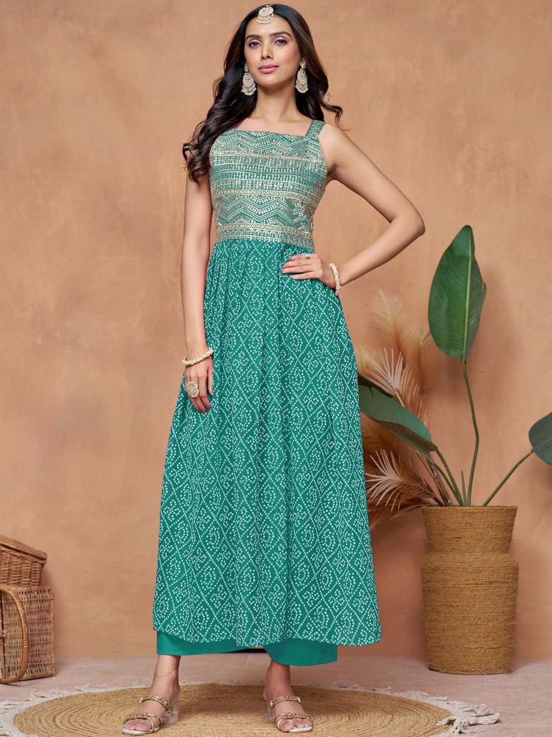 

KALINI Bandhani Embroidered Beads and Stones Square Neck Georgette Anarkali Kurta, Green