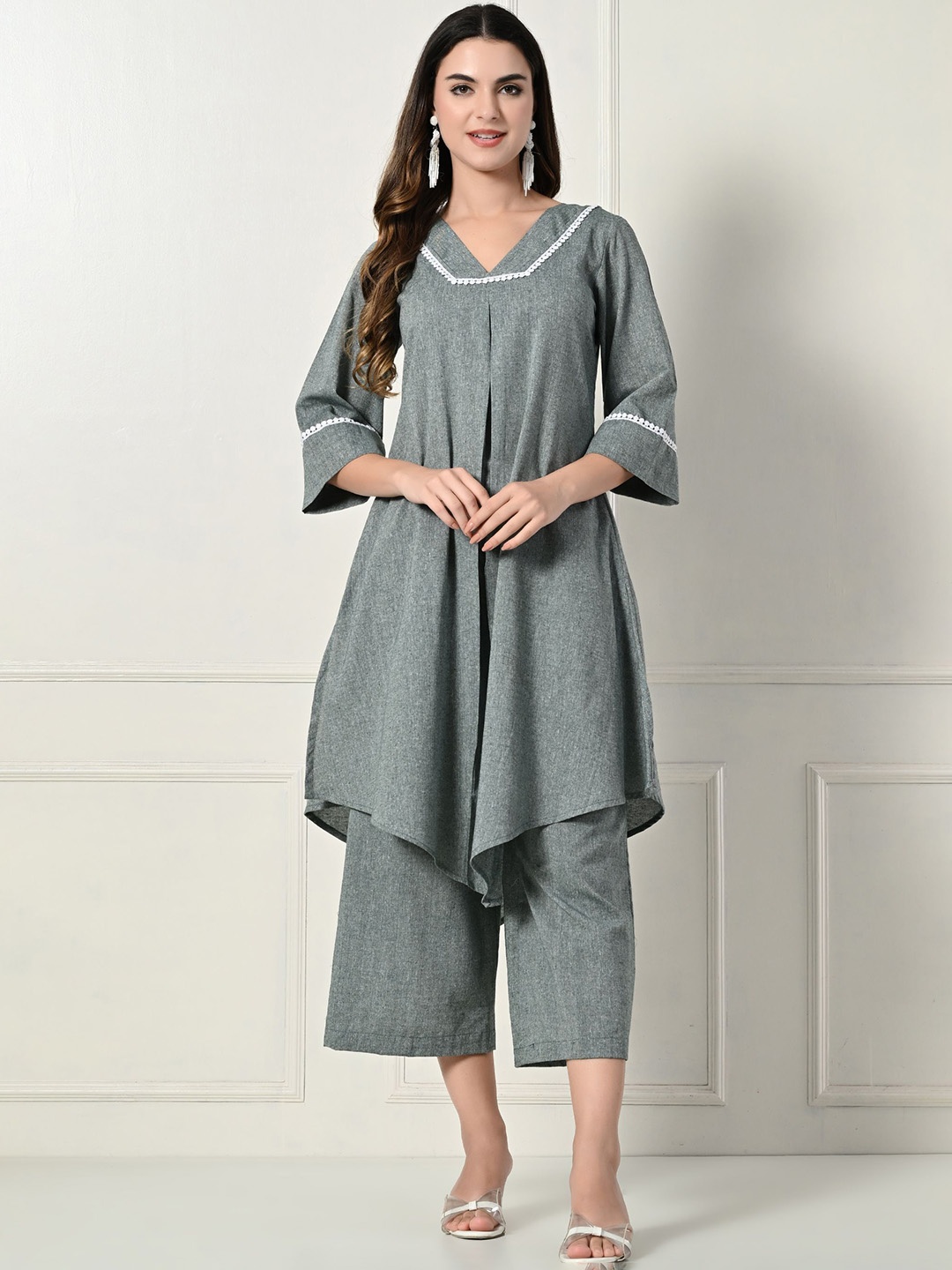 

Laado - Pamper Yourself V-Neck Pleated A-Line Pure Cotton Kurta With Palazzos, Grey melange