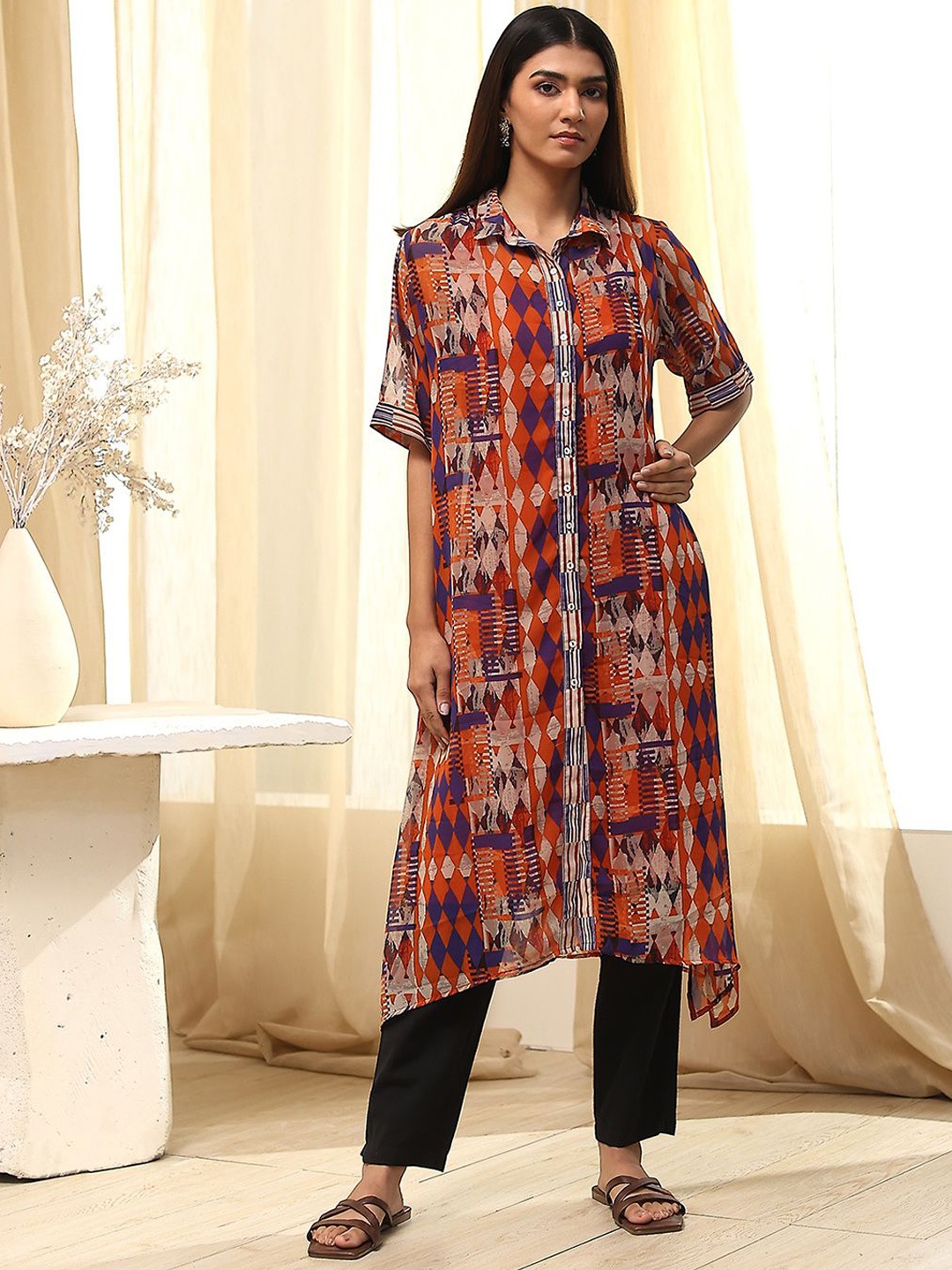 

Biba Women Dyed Flared Sleeves Kurta, Orange