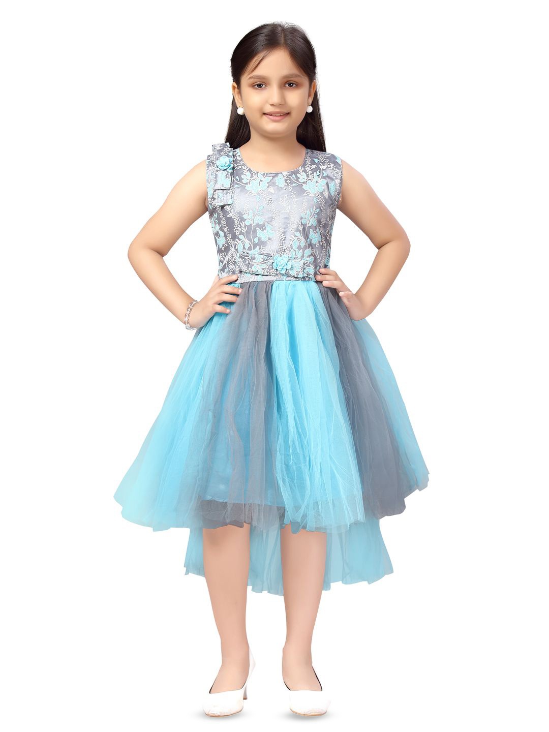 

HERE&NOW Girls Floral Embroidered Fit & Flare Knee Length Dress, Turquoise blue