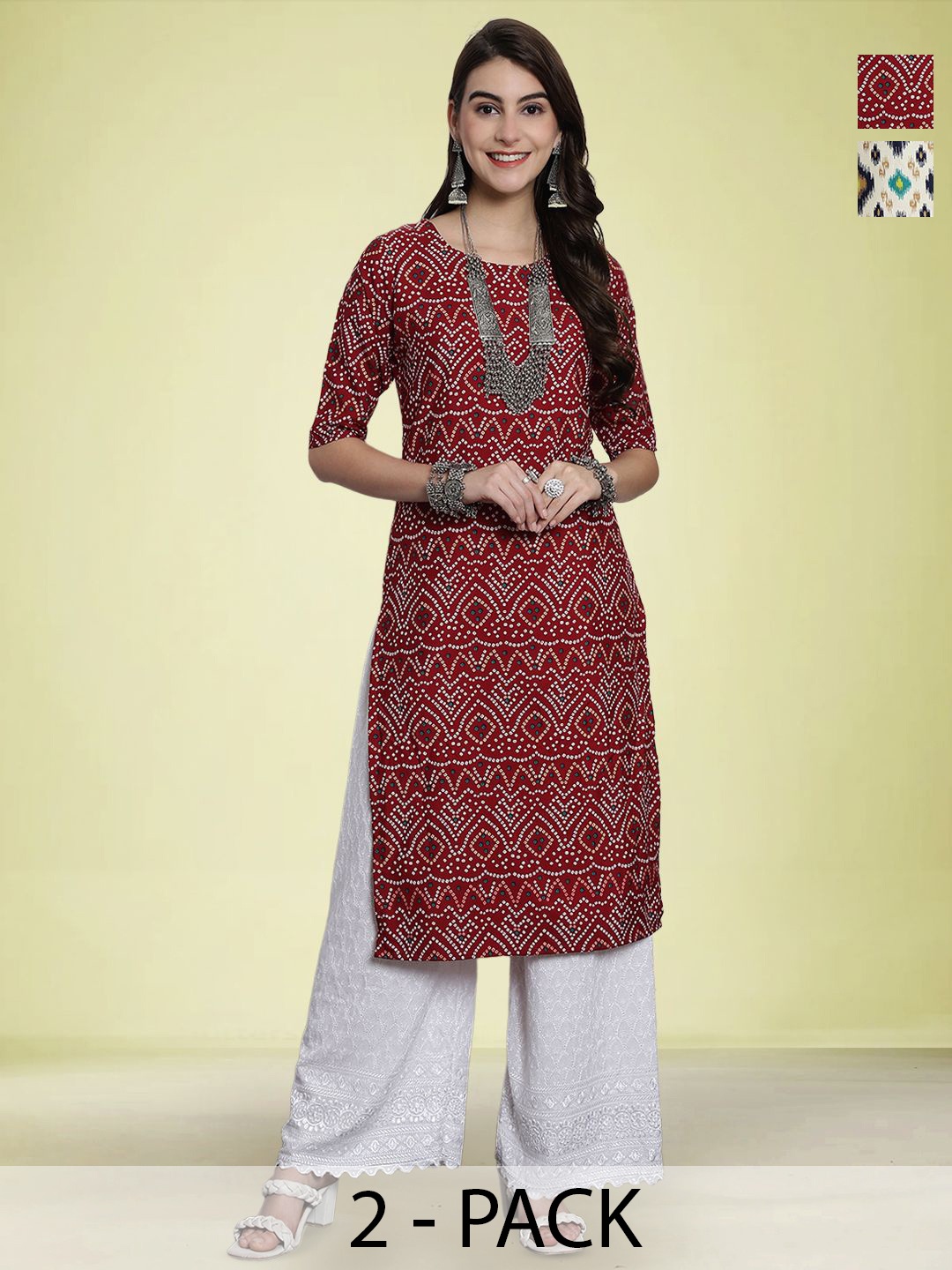 

Moda Rapido Selection Of 2 Bandhani Printed Round Neck Straight Kurtas, Maroon