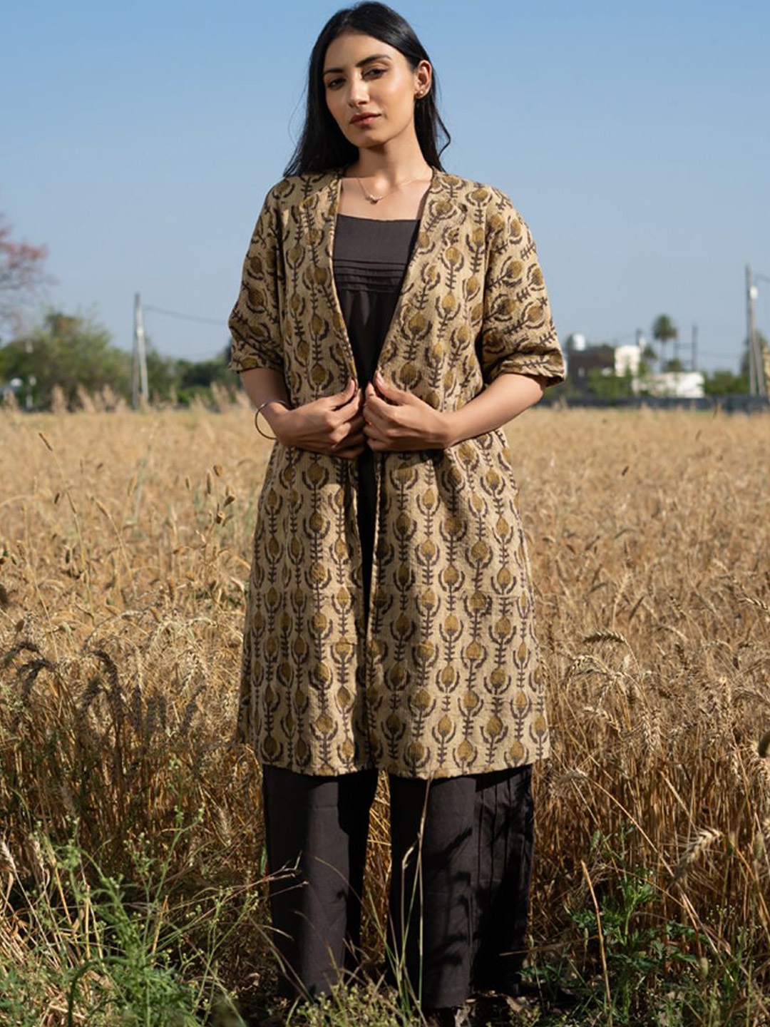 

JITI Ethnic Motifs Printed Shirt Collar Pure Cotton Top & Coat & Palazzo, Brown