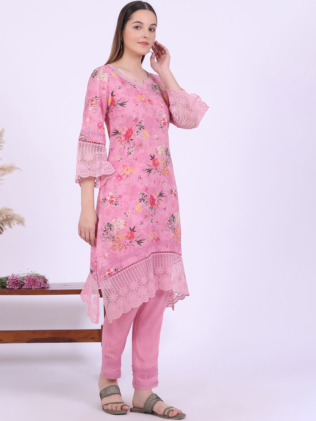 

AURELIA Floral Printed Notch Neck A-Line Kurta With Trouser And Dupatta, Pink