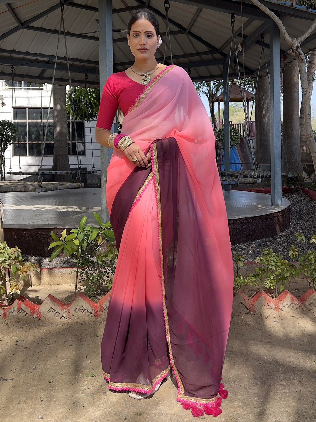 

JULEE Tie and Dye Pure Georgette Ready to Wear Saree, Pink
