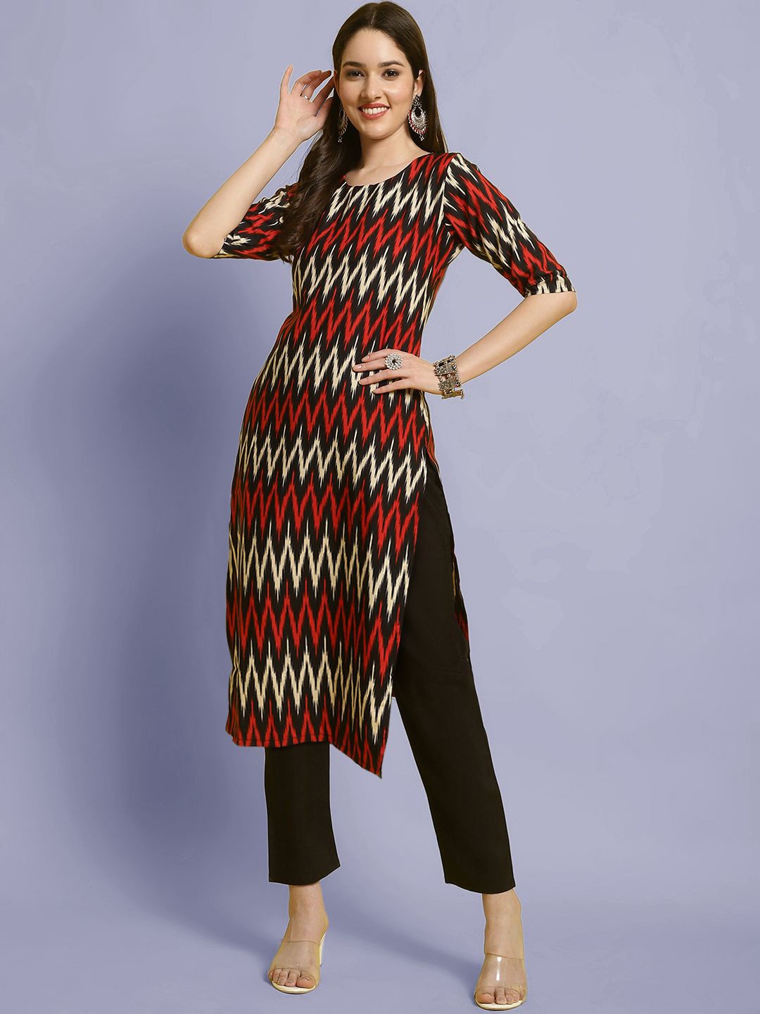 

Moda Rapido Chevron Printed Round Neck Straight Kurta With Trouser, Black