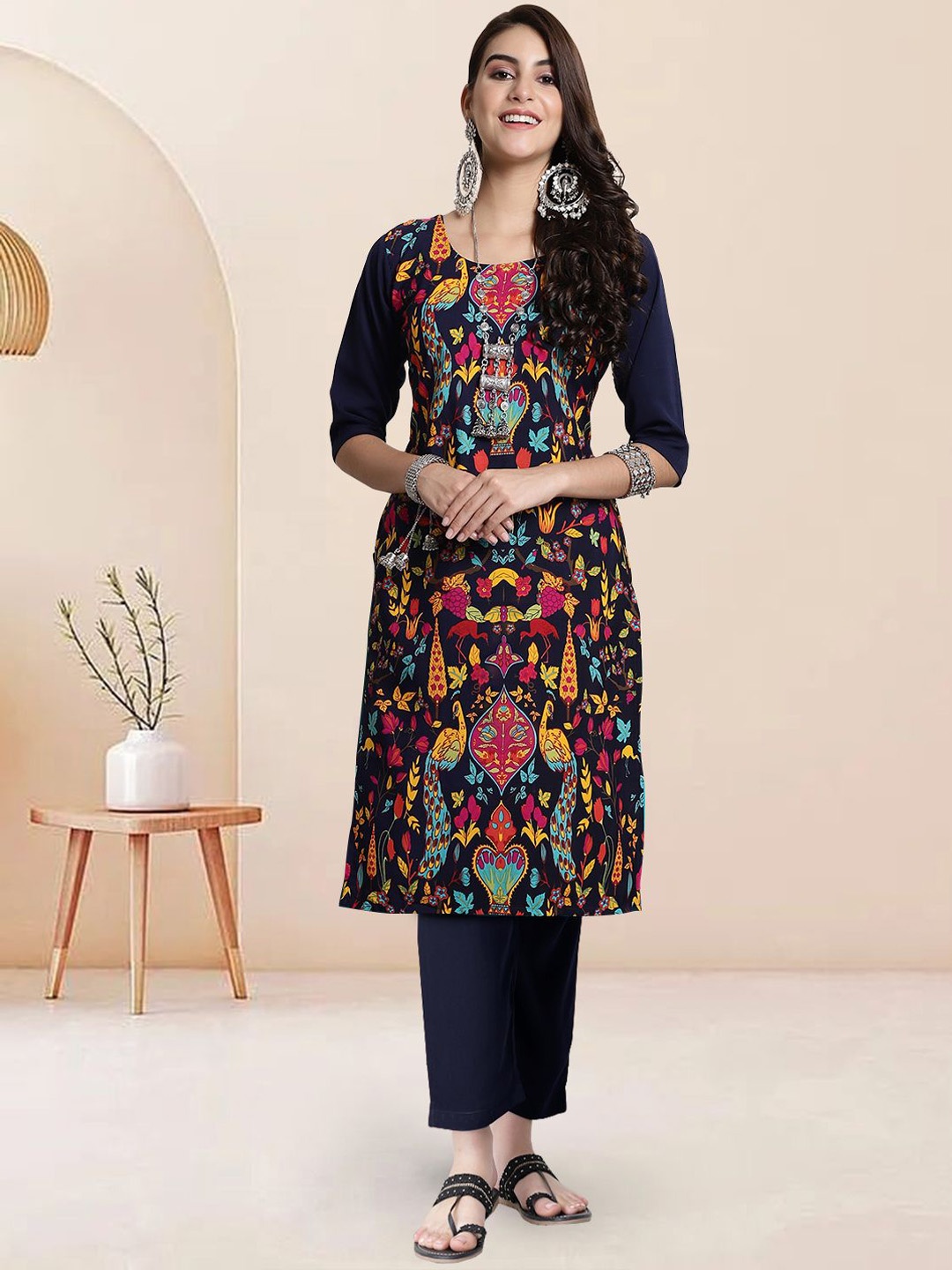 

Moda Rapido Ethnic Motifs Printed Round Neck Straight Kurta With Trousers, Black