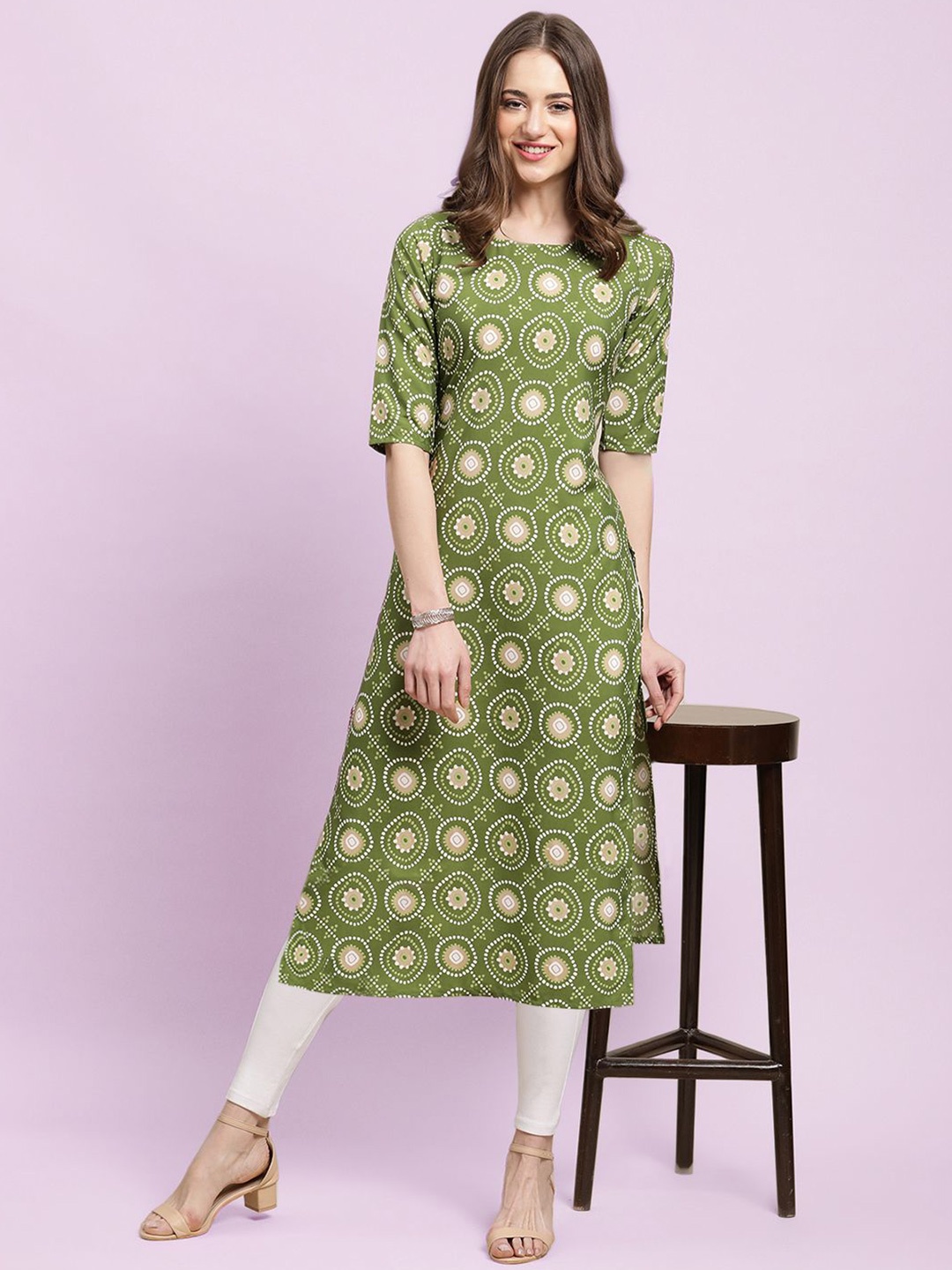 

Moda Rapido Ethnic Motifs Printed Round Neck Straight Kurta, Olive