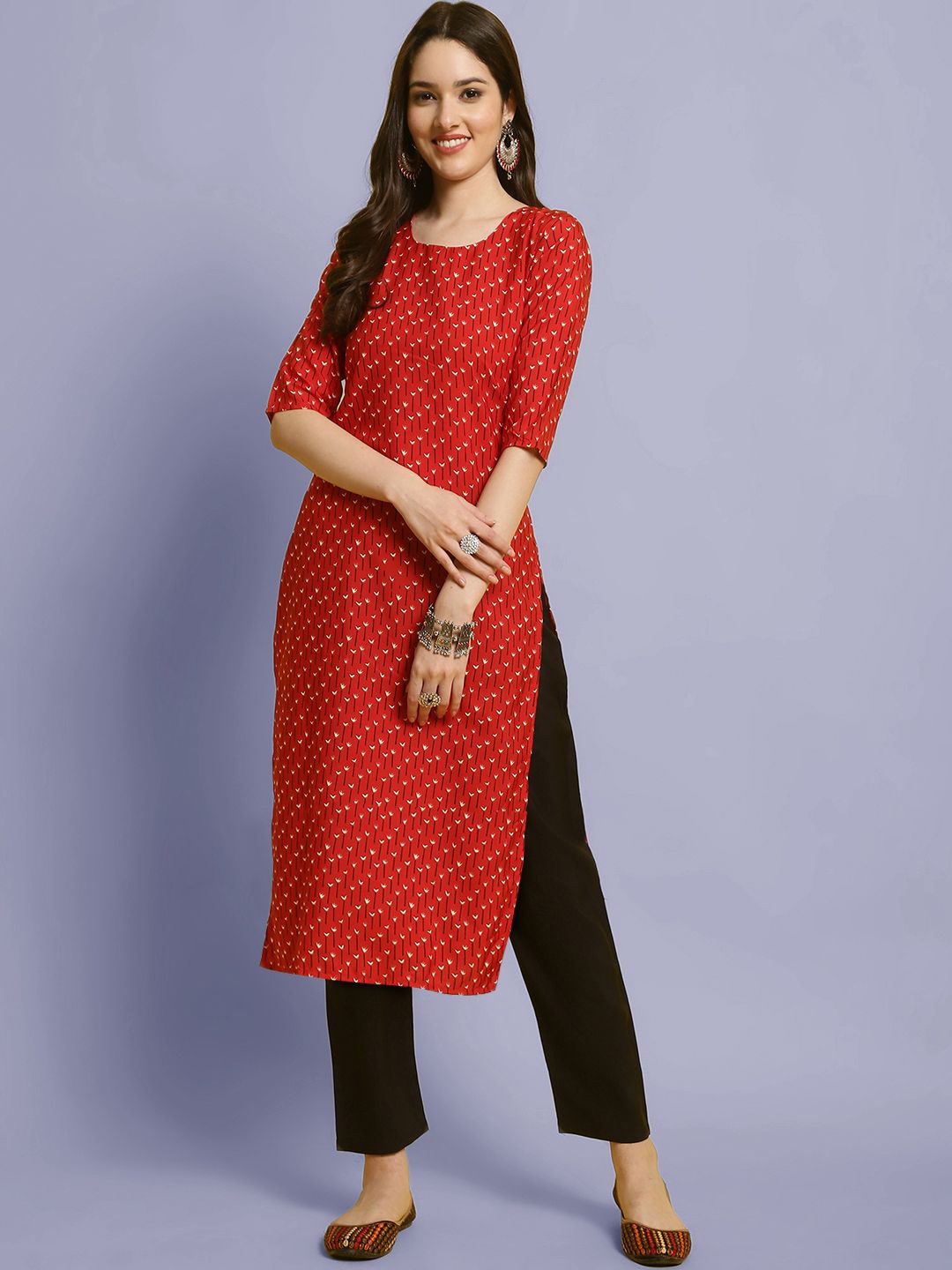 

Moda Rapido Floral Printed Round Neck Straight Kurta With Trousers, Red