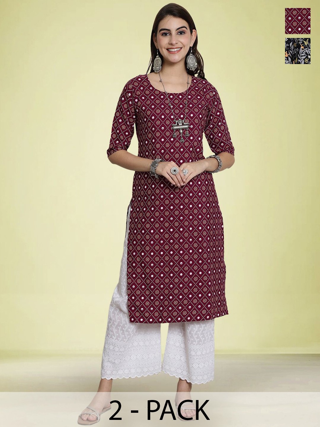 

Moda Rapido Selection Of 2 Ethnic Motifs Printed Round Neck Straight Kurtas, Maroon
