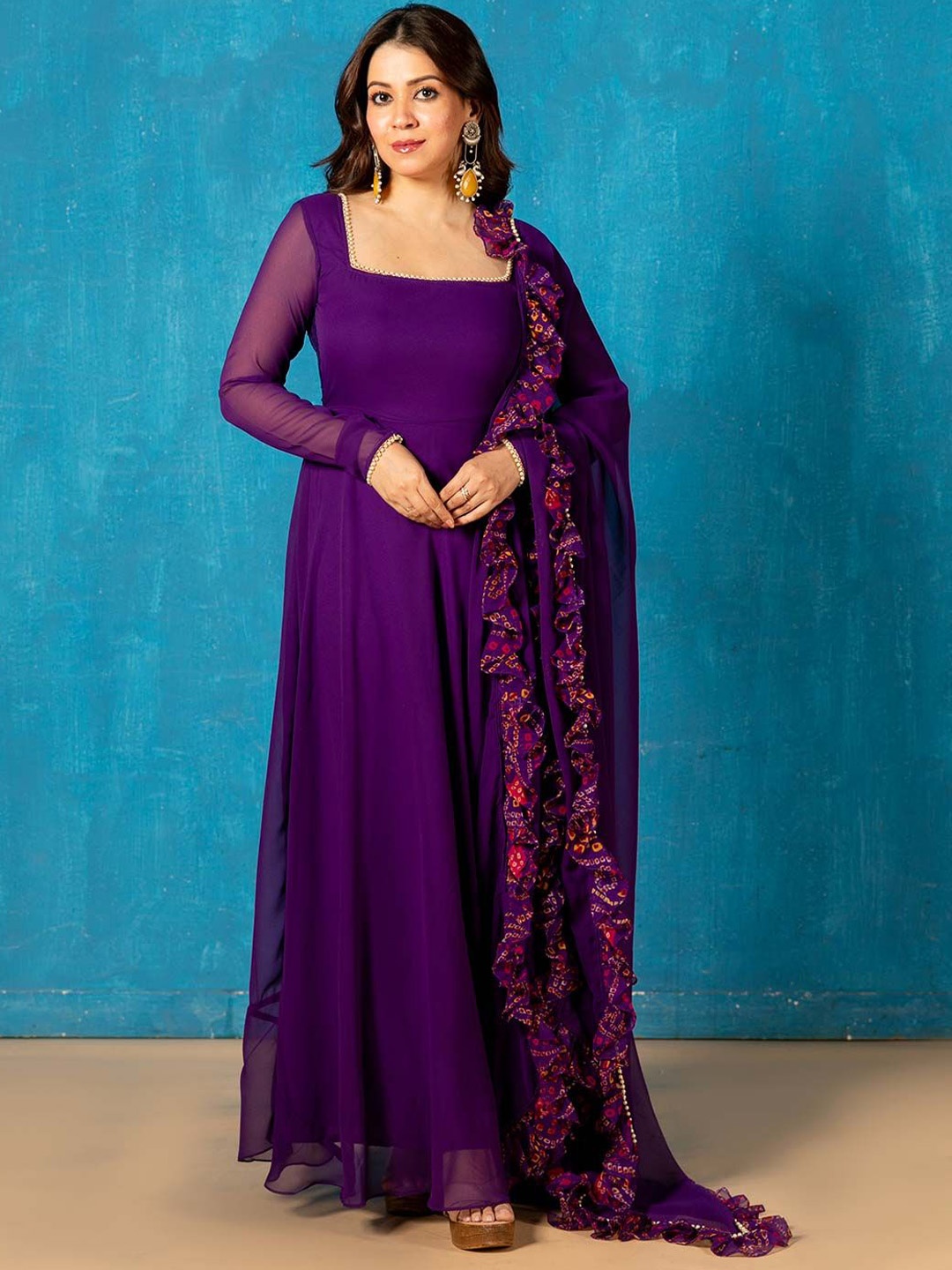 

NUD Amethyst Square Neck Gotta Patti Georgette Anarkali Kurta With Dupatta, Purple