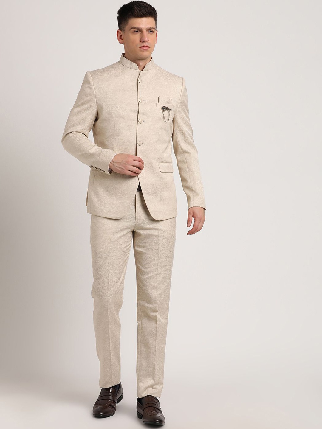 

Turtle Men 2-Pcs Mandarin Collar Bandhgala Suits, Beige