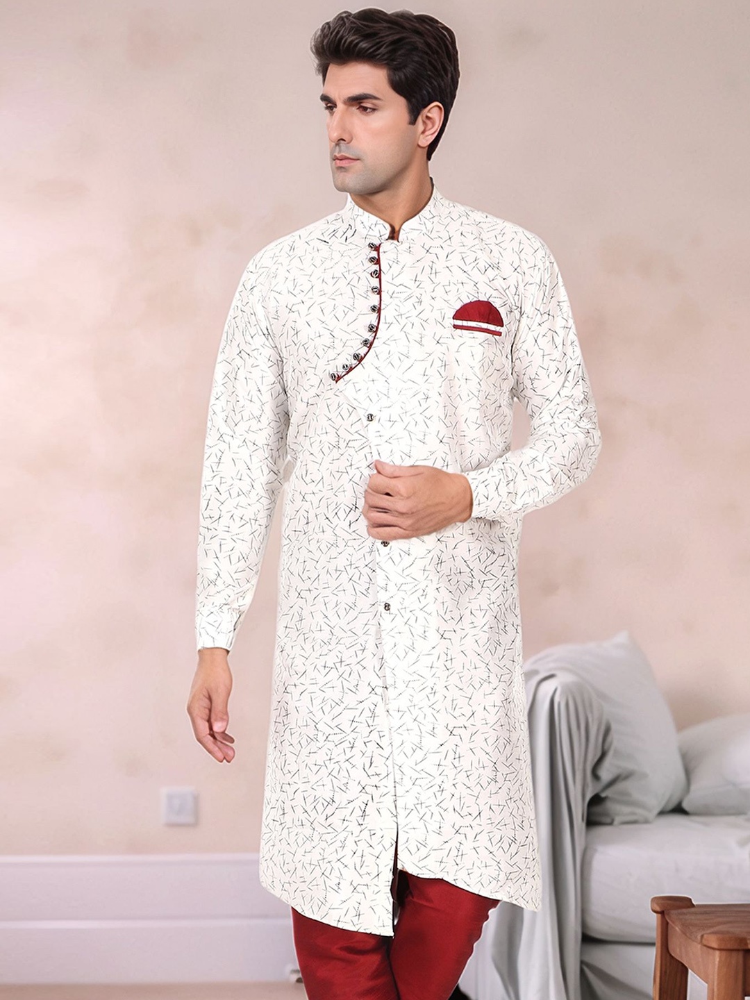 

Moda Rapido Geometri Printed Mandarin Collar Straight Kurta With Pyjamas, Off white