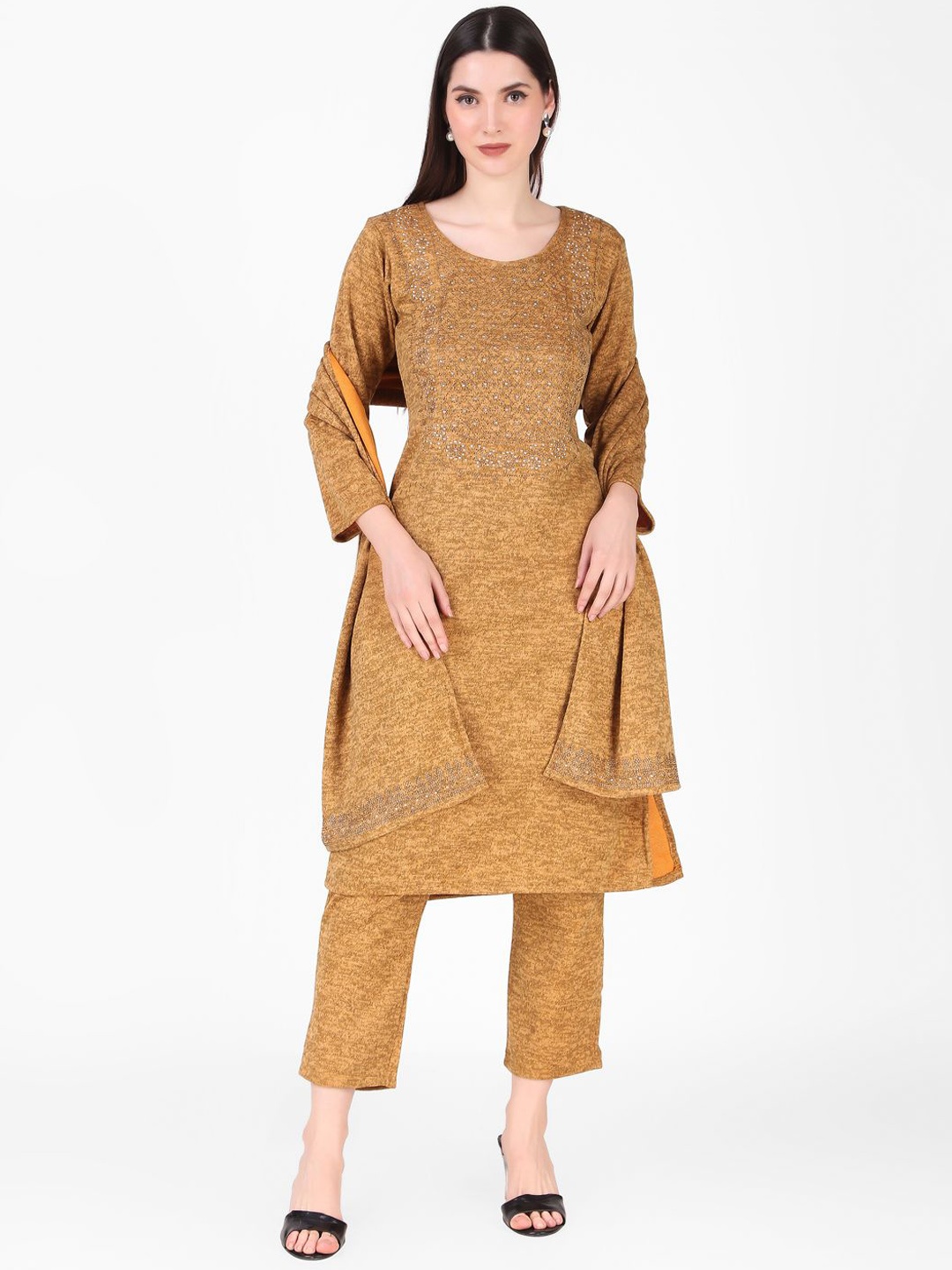 

FNOCKS Ethnic Motifs Embroidered Pure Wool Straight Kurta With Trousers & Dupatta, Yellow