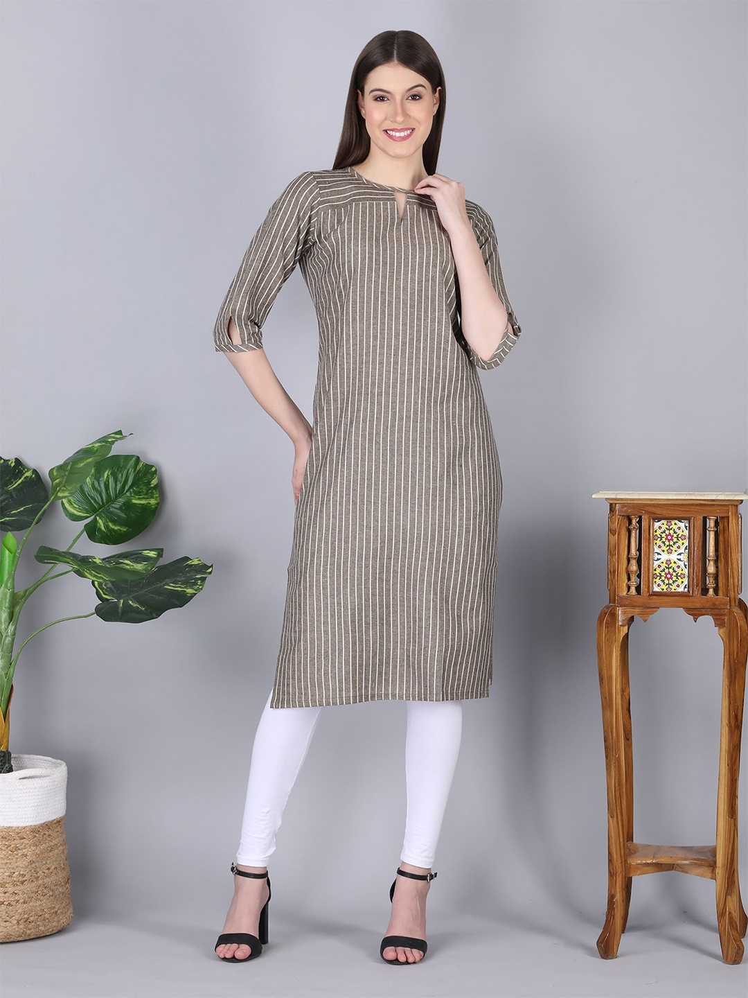 

awanee Striped Keyhole Neck Pure Khadi Cotton Straight Kurta, Beige