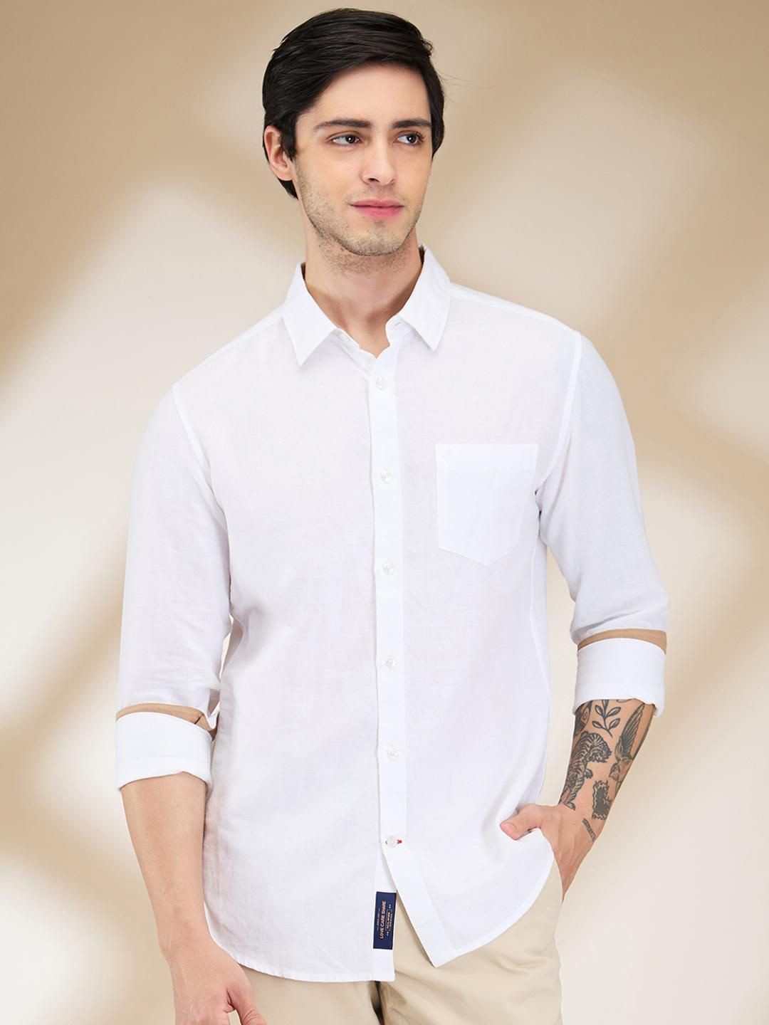 

Being Human Men Classic Fit Spread Collar Solid Cotton Linen Casual Shirt, White