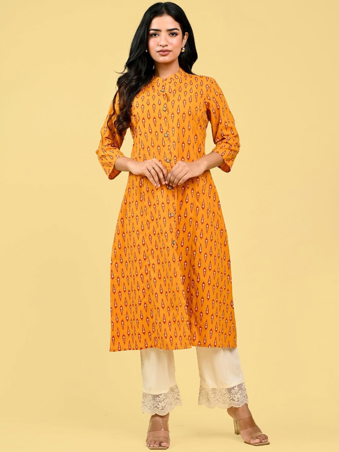 

RAAKA Floral Printed Mandarin Collar Cotton A-Line Kurta, Yellow