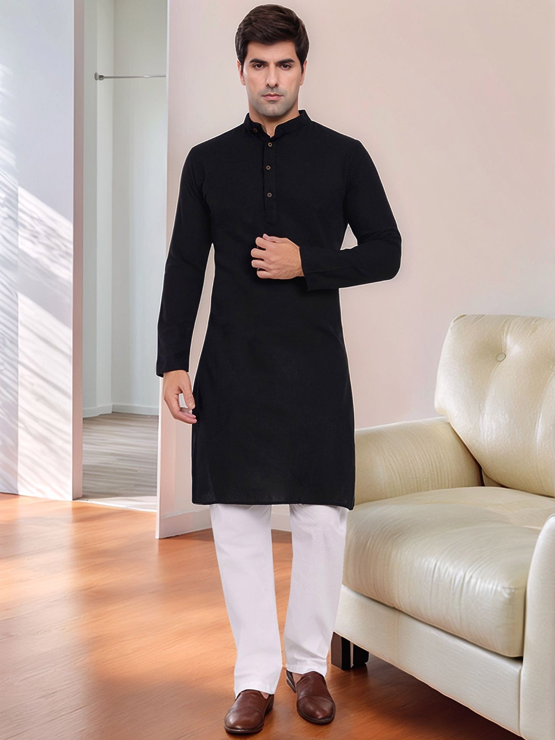 

Moda Rapido Band Collar Pure Cotton Kurta With Pyjamas, Black