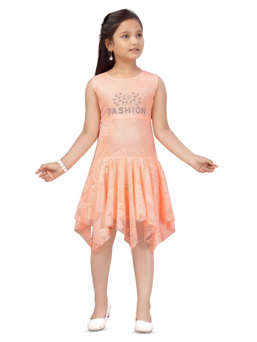 

BAESD Girls Self Design Net Fit & Flare Dress, Peach