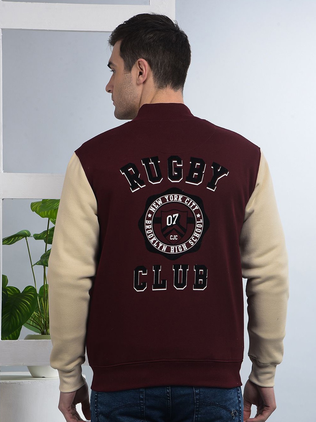 

COBB Men Typography Printed Cotton Varsity Jacket, Maroon