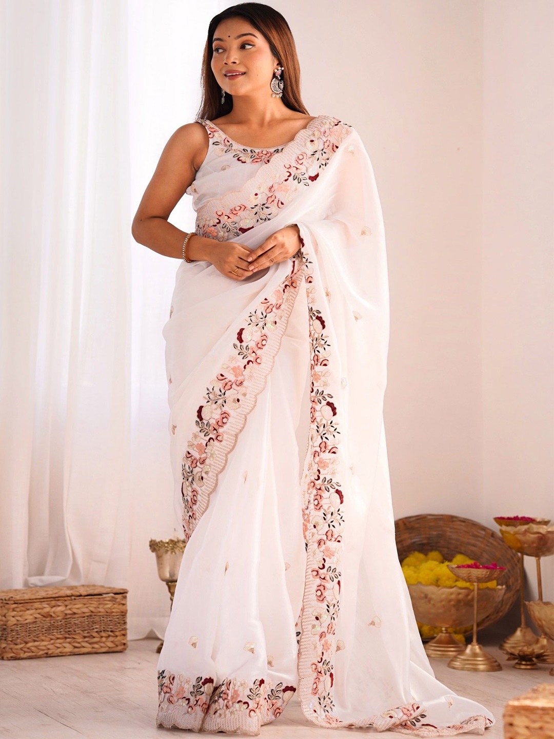 

MySilkLove Floral Embroidered Saree, White