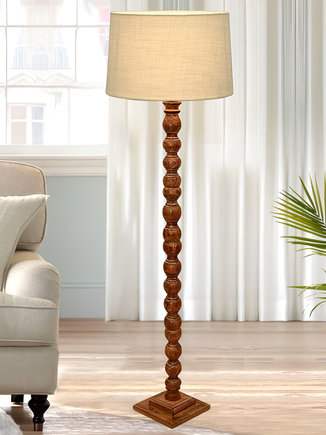 

Homesake Beige & Brown Cylinder Shaped Wooden Floor Lamp
