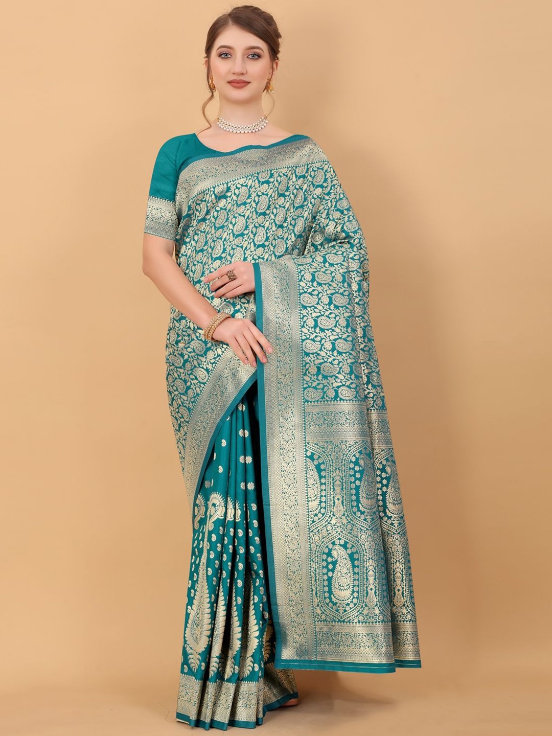 

DHRUTI CREATION Woven Design Zari Pure Silk Saree, Blue