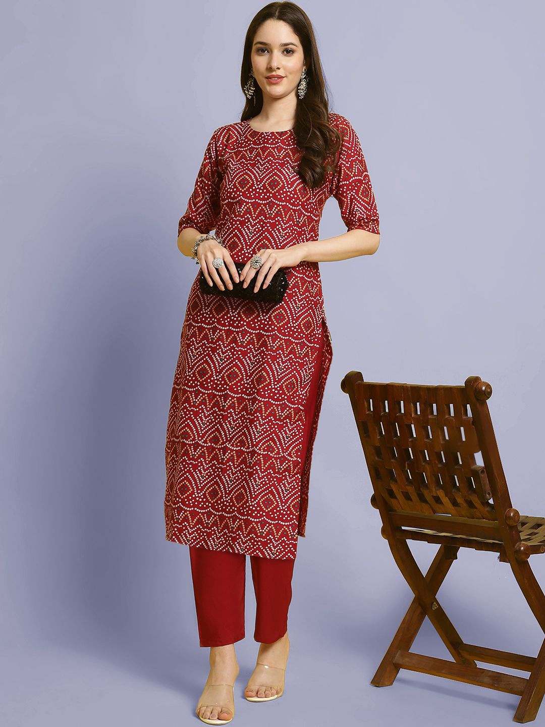 

Moda Rapido Bandhani Printed Round Neck Straight Kurta With Trouser, Maroon