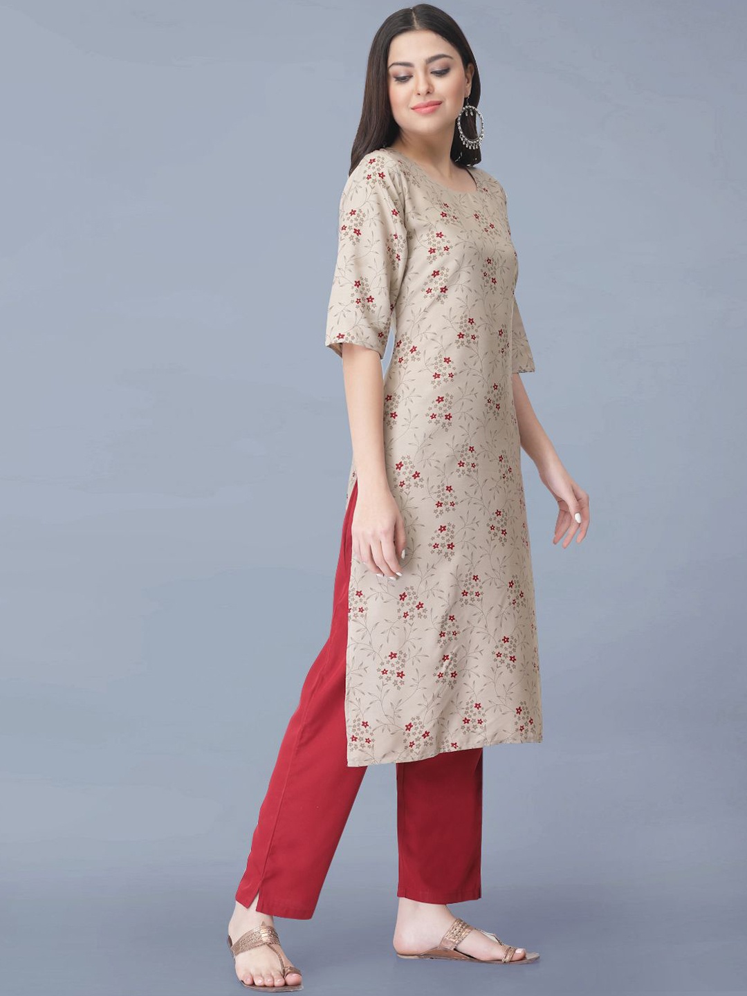 

Moda Rapido Floral Printed Round Neck Straight Kurta With Trousers, Beige