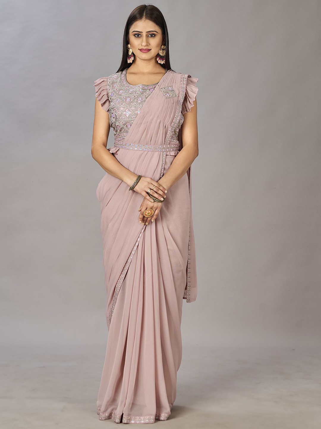 

Krimmple Pure Georgette Ready to Wear Saree, Pink