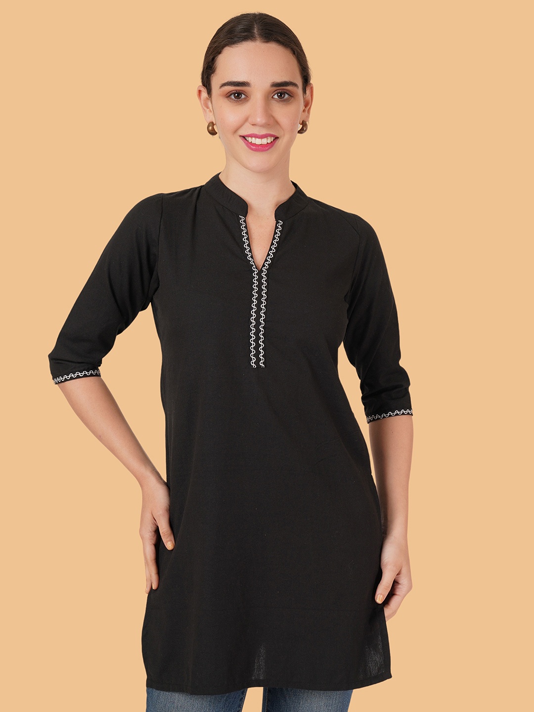

Brownverse Embroidered Khadi Cotton Mandarin Collar Straight Kurti, Black